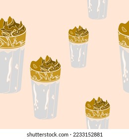 Editable Top Side View Iced Korean Dalgona Coffee Vector Illustration in Long Glass Mug as Seamless Pattern for Creating Background of Cafe and Beverage Related Design