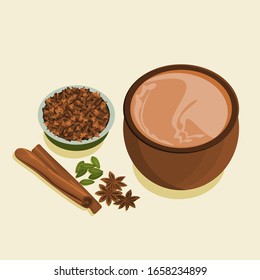 Masala Chai india editable con un tazón de clavos y otras especias de hierbas surtidas
