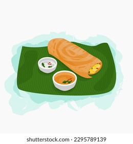 Editable Top Side View Indian Masala Dosa With Chutney and Sambar on Banana Leaf Vector Illustration for Artwork of Cuisine Related Design With South Asian Culture and Tradition