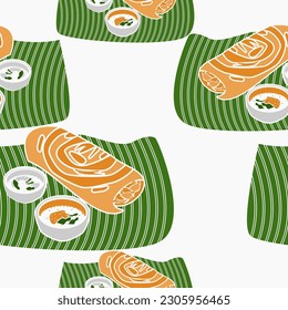 Editable Top Side View Indian Masala Dosa con Chutney y Sambar sobre el vector de hojas de plátano Ilustración Patrón sin inconvenientes para el trasfondo del diseño relacionado con la cocina con la cultura y la tradición del sur de Asia
