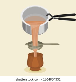 Editable Top Side View Pouring and Filtering Indian Masala Chai into Pottery Cup Vector Illustration for Artwork Element of Beverages With South Asian Culture and Tradition Design