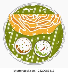 Editable Top View Brush Strokes Style Indian Masala Dosa With Chutney and Sambar on Plate Vector Illustration for Artwork of Cuisine Related Design With South Asian Culture and Tradition