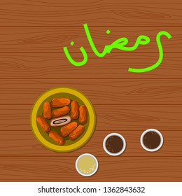 Editable Top View Dates Fruit and Cups of Coffee Vector Illustration on Wooden Background for Iftar Party Poster Template With Arabic Script of Ramadan