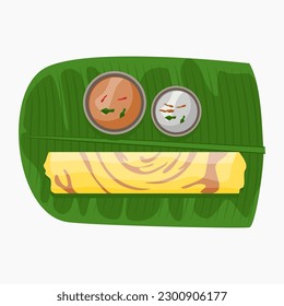 Editable Top View Indian Masala Dosa With Chutney and Sambar on Banana Leaf Vector Illustration for Artwork of Cuisine Related Design With South Asian Culture and Tradition