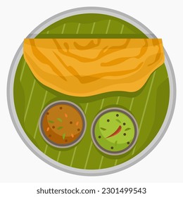 Editable Top View Indian Masala Dosa With Chutney and Sambar on Banana Leaf and Plate Vector Illustration for Artwork of Cuisine Related Design With South Asian Culture and Tradition