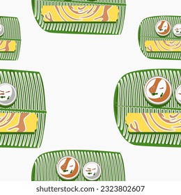 Editable Top View Indian Masala Dosa With Chutney and Sambar on Banana Leaf Vector Illustration Seamless Pattern for Background of Cuisine Related Design With South Asian Culture and Tradition