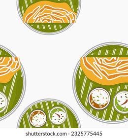 Editable Top View Indian Masala Dosa With Chutney and Sambar on Banana Leaf and Plate Vector Illustration Seamless Pattern for Background of Cuisine Design With South Asian Culture and Tradition
