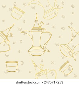 Editable Traditional Arab Coffee Dallah Pot and Finjan Cups with Beans in Outline Vectorised Illustration as Seamless Pattern for Creating Background of Middle Eastern Style Cafe Related Design