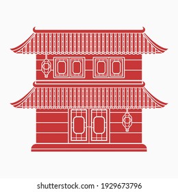 Editable Traditional Chinese Building With Two Floors Vector Illustration in Flat Monochrome Style for Artwork Element of Oriental History and Culture Related Design