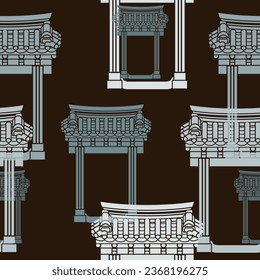 Bearbeitbare, traditionelle koreanische Hanok-Türbau-Vektorgrafik mit dunklem Hintergrund als nahtloses Muster für orientalische Geschichte und kulturbezogenes Design