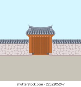 Ilustración editable del vector de construcción de la puerta hanok tradicional coreana para elementos de arte de la historia oriental y el diseño relacionado con la cultura