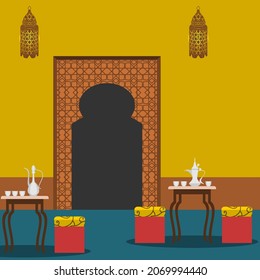 Editable Traditional Patterned Arabic Coffee Shop Interior Vector Illustration With Dallah Pot and Finjan Cups on Table for Islamic Moments or Arabian Culture Cafe Related Design