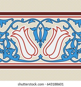 Editable Traditional Turkish Tulip Floral Rectangle Motif Vector Pattern in Flat and Vintage Style for Ottoman Culture and Tradition Related Design