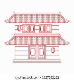 Editable Traditional Two Roofs Chinese Building Vector Illustration in Outline Style for Artwork Element of Oriental History and Culture Related Design