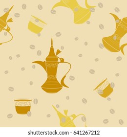 Editable Traditional Typical Arab Coffee Dallah Pot and Finjan Cups with Beans in Flat Vector Illustration as Seamless Pattern for Creating Background of Middle Eastern Style Cafe Related Design