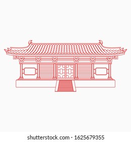 Editable Traditional Wide Chinese Building Vector Illustration in Outline Style for Artwork Element of Oriental History and Culture Related Design