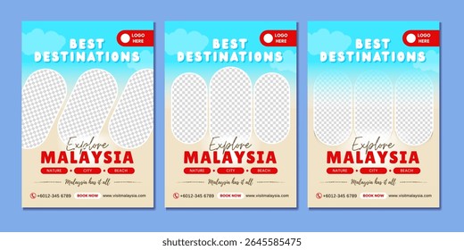 Editable travel posters promoting Malaysia’s best destinations with photo frames for nature, city, and beach—perfect for tourism ads and social media.