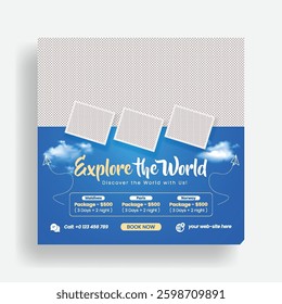 Editable travel sale social media post, banner, ad template. promotional Web banner, square flyer or poster for travelling agency business offer, Holiday and tour advertisement design