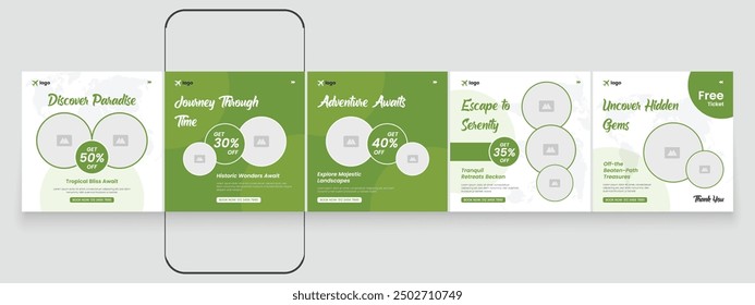 Publicación editable del carrusel de medios sociales de viajes. Festiva y el diseño de la publicación de anuncios turísticos. Plantilla de publicación de redes sociales de viajes. Anuncio de carrusel para agencia de viajes