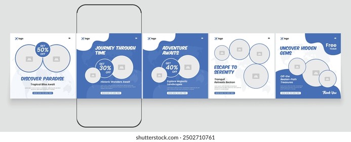 Editable travel social media carousel post. Holiday and tour advertisement post design. Travel social media post template. carousel banner for travel agency