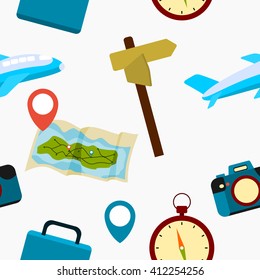 Editable Traveling Equipment Vector Illustration Seamless Pattern for Creating Background and Decorative Element of Tourism Related Project