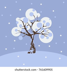 Editable Tree and Snowfall in Winter Season Vector Illustration in Flat Style