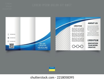 Editable tri-fold brochure design with blue wave shape. Flyer for printing. Catalog Vector Template.