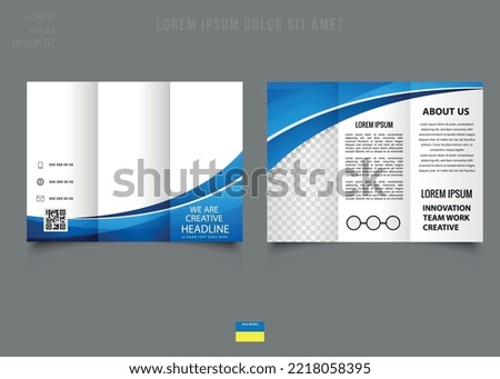 Editable tri-fold brochure design with blue wave shape. Flyer for printing. Catalog Vector Template.