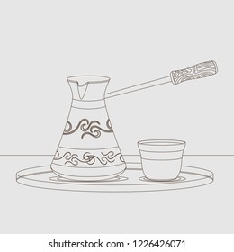 Editable Turkish Cezve Coffee Pot and Fincan Cup on The Circle Serving Tray in Outline Style Vector Illustration for Cafe and Ottoman Turkish Culture and Tradition Related Design