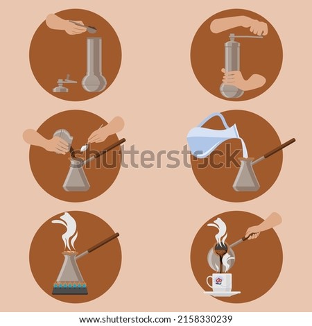 Editable Turkish Coffee Brewing Instruction Vector Illustration Icons Set for Ottoman History and Culture Tradition or Cafe Related Design