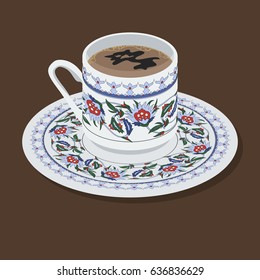 Editable Turkish Coffee in A Typical Tulip Patterned Fincan Demitasse Cup Vector Illustration for Cafe or Ottoman Turkish Culture and Tradition Related