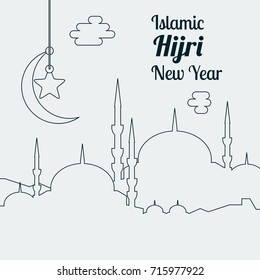 Editable Turkish Mosque Silhouette Vector Illustration with Hanging Crescent and Star Symbol in Outline Style for Text Background of Hijri New Year and Other Islamic Religious Moments