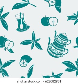Editable Turkish Tea Vector Illustration with Apple and Lemon in Flat Monochrome Style as Seamless Pattern for Creating Background of Tea Shop or Product Marketing and Ottoman Turkish Culture Design