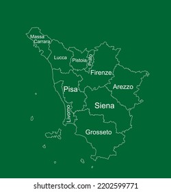 Editable Tuscany line contour map vector silhouette illustration isolated on green background. Toscana, scheme Italy province vector map. Separated regions with borders. Italian territory, EU, Europe.