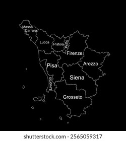 Editable Tuscany line contour map vector silhouette illustration isolated on black background. Toscana, scheme Italy province vector map. Separated regions with borders. Italian territory, EU, Europe.