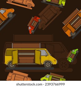 Editable Two Doors Mobile Food Truck Vector Illustration Seamless Pattern in Flat Style With Dark Background for Vehicle or Food and Drink Business Related Design