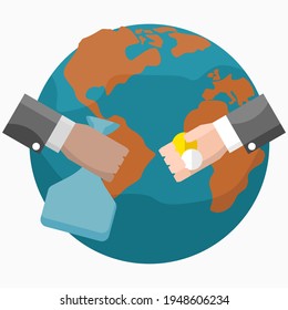Editable Two Hands Holding Coins and Goods in Front of Earth Globe for Artwork Illustration of International Trading Business Concept