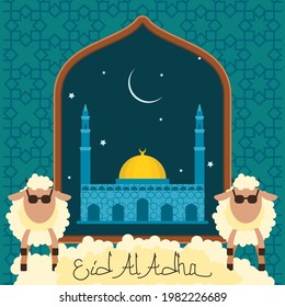 Editable Two Sheep and Mosque with Night Sky Scene Vector Illustration in Flat Style on Patterned Background for Artwork Elements of Eid Al-Adha or Islamic Holy Festival Design Concept