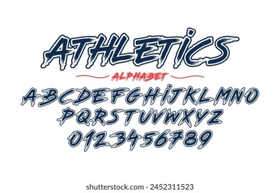 Vector de tipo de letra editable. Fuente deportiva de atletismo en estilo americano para logos y camisetas de fútbol, béisbol o baloncesto.