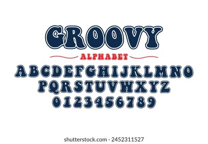 Vector de tipo de letra editable. Groovy sport font en estilo americano para los logotipos de fútbol, béisbol o baloncesto y camiseta.