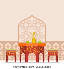 Editable Typical Patterned Arabic Coffee Shop Interior Vector Illustration With Dallah Pot And Finjan Cups On Table For Islamic Moments Or Arabian Culture Cafe Related Design