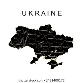 Editierbare Ukraine-Karte Vektor-Silhouette-Illustration isoliert auf weißem Hintergrund. Europa-Land. Ukraine Linie Kontur Karte Gebiet mit getrennten Grenzen der Provinzen.