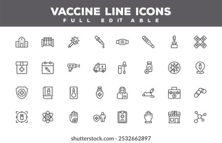 Editable Vaccine Line Icons Set  Healthcare and Medical Outline Symbols