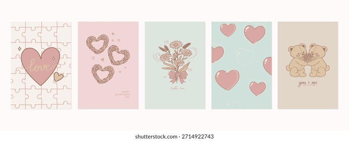 Las Plantillas editables de la tarjeta de San Valentín, tarjetas de amor lindas neutras presentan corazones de rompecabezas estéticos pastel neutros suaves, corazones garabateados dibujados a mano, ramos florales, patrones de corazón y osos de peluche