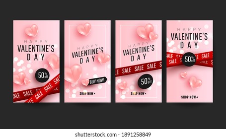 Editable Valentine's Day sale vertical banner set with realistic pink love air balloons and sale ribbons. Holiday gift card. Promotion discount banner.  . Vector illustration.