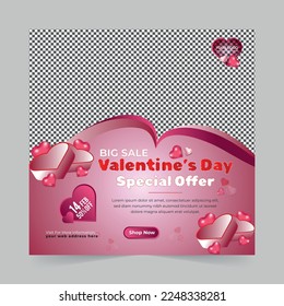 Editable Valentine's Day square social media post with a heart shape design background for digital marketing promotion ads sales and discount web banner template