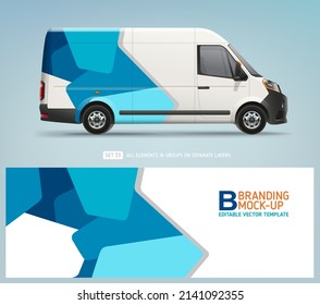 Editable Van Mock-up and wrap decal for livery branding design and corporate identity company. Abstract blue geometric graphics background. Decal design for services van and racing car