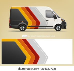 Editable Van Mock-up and wrap decal for livery branding design and corporate identity company. Abstract  geometric graphics background. Decal design for services van and racing car