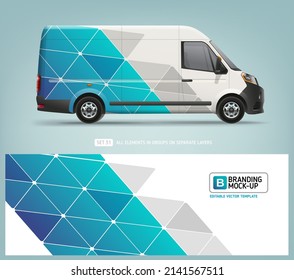 Editable Van Mock-up and wrap decal for livery branding design and corporate identity company. Abstract blue geometric graphics background. Decal design for services van and racing car