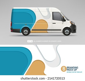 Editable Van Mock-up and wrap decal for livery branding design and corporate identity company. Abstract geometric graphics background. Decal design for services van and company car